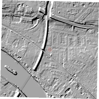 Shaded relief map of the ground around W43LX, computed from Environment Agency LiDAR. The ground here sits at about 5 m above sea level and falls 13 m across the surrounding 800 m. Surface water reaching this point runs off ground lying to the west, 5.2 m higher.