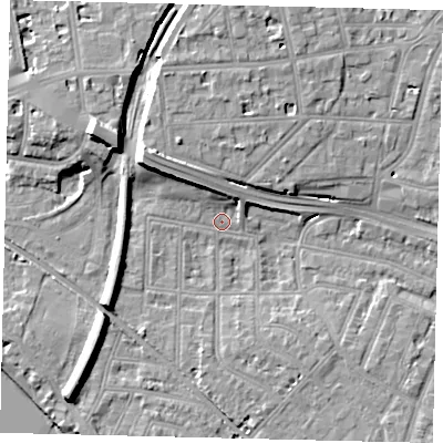 Shaded relief map of the ground around W43LY, computed from Environment Agency LiDAR. The ground here sits at about 5 m above sea level and falls 13 m across the surrounding 800 m. Surface water reaching this point runs off ground lying to the north-west, 9.2 m higher.