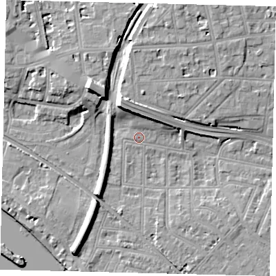 Shaded relief map of the ground around W43LZ, computed from Environment Agency LiDAR. The ground here sits at about 5 m above sea level and falls 13 m across the surrounding 800 m. Surface water reaching this point runs off ground lying to the north-north-west, 9.2 m higher.