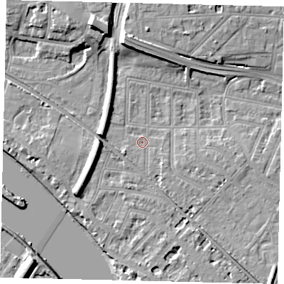 Shaded relief map of the ground around W43NA, computed from Environment Agency LiDAR. The ground here sits at about 5 m above sea level and falls 13 m across the surrounding 800 m. Surface water reaching this point runs off ground lying to the west-north-west, 5.5 m higher.