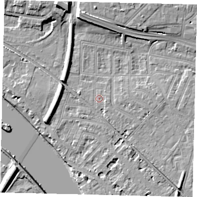 Shaded relief map of the ground around W43NB, computed from Environment Agency LiDAR. The ground here sits at about 6 m above sea level and falls 13 m across the surrounding 800 m. Surface water reaching this point runs off ground lying to the east-south-east, 1.4 m higher.