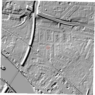 Shaded relief map of the ground around W43ND, computed from Environment Agency LiDAR. The ground here sits at about 5 m above sea level and falls 13 m across the surrounding 800 m. Surface water reaching this point runs off ground lying to the south-south-east, 1.9 m higher.