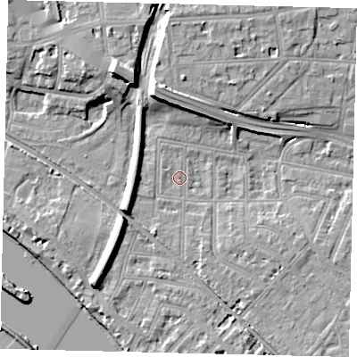 Shaded relief map of the ground around W43NE, computed from Environment Agency LiDAR. The ground here sits at about 5 m above sea level and falls 13 m across the surrounding 800 m. Surface water reaching this point runs off ground lying to the west-north-west, 0.8 m higher.