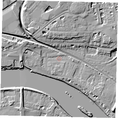 Shaded relief map of the ground around W43NP, computed from Environment Agency LiDAR. The ground here sits at about 5 m above sea level and falls 10 m across the surrounding 800 m. Surface water reaching this point runs off ground lying to the west-north-west, 4.9 m higher.
