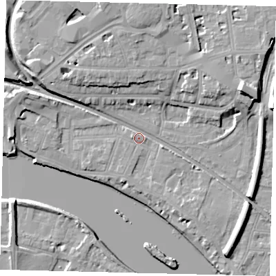 Shaded relief map of the ground around W43NU, computed from Environment Agency LiDAR. The ground here sits at about 6 m above sea level and falls 13 m across the surrounding 800 m. Surface water reaching this point runs off ground lying to the east-north-east, 10.7 m higher.