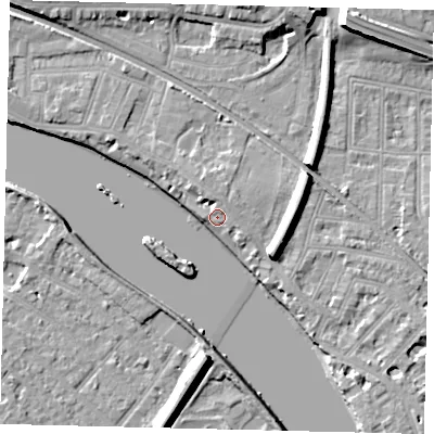 Shaded relief map of the ground around W43NY, computed from Environment Agency LiDAR. The ground here sits at about 6 m above sea level and falls 12 m across the surrounding 800 m. Surface water reaching this point runs off ground lying to the north, 2.7 m higher.