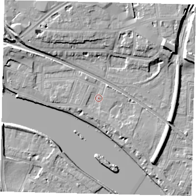 Shaded relief map of the ground around W43PA, computed from Environment Agency LiDAR. The ground here sits at about 5 m above sea level and falls 13 m across the surrounding 800 m. Surface water reaching this point runs off ground lying to the west-south-west, 1.6 m higher.