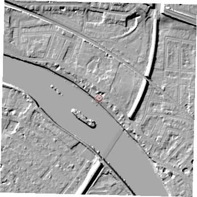 Shaded relief map of the ground around W43PB, computed from Environment Agency LiDAR. The ground here sits at about 6 m above sea level and falls 12 m across the surrounding 800 m. Surface water reaching this point runs off ground lying to the north-north-east, 2.6 m higher.