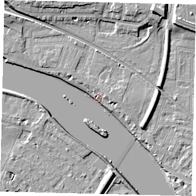 Shaded relief map of the ground around W43PD, computed from Environment Agency LiDAR. The ground here sits at about 6 m above sea level and falls 13 m across the surrounding 800 m. Surface water reaching this point runs off ground lying to the east-north-east, 5.4 m higher.