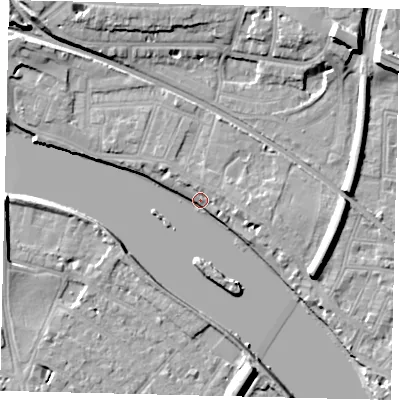 Shaded relief map of the ground around W43PE, computed from Environment Agency LiDAR. The ground here sits at about 5 m above sea level and falls 13 m across the surrounding 800 m. Surface water reaching this point runs off ground lying to the north-west, 7.0 m higher.