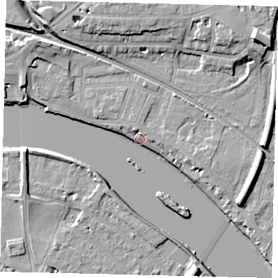 Shaded relief map of the ground around W43PF, computed from Environment Agency LiDAR. The ground here sits at about 5 m above sea level and falls 13 m across the surrounding 800 m. Surface water reaching this point runs off ground lying to the north-west, 7.7 m higher.