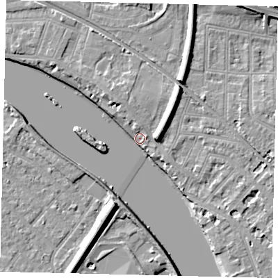 Shaded relief map of the ground around W43PH, computed from Environment Agency LiDAR. The ground here sits at about 5 m above sea level and falls 10 m across the surrounding 800 m. Surface water reaching this point runs off ground lying to the north-north-west, 5.4 m higher.