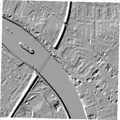 Shaded relief map of the ground around W43PJ, computed from Environment Agency LiDAR. The ground here sits at about 5 m above sea level and falls 11 m across the surrounding 800 m. Surface water reaching this point runs off ground lying to the north-north-west, 2.1 m higher.