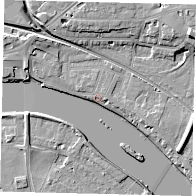 Shaded relief map of the ground around W43PL, computed from Environment Agency LiDAR. The ground here sits at about 5 m above sea level and falls 13 m across the surrounding 800 m. Surface water reaching this point runs off ground lying to the east-north-east, 1.0 m higher.