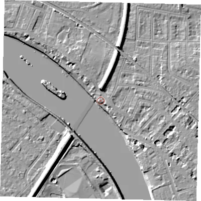 Shaded relief map of the ground around W43PN, computed from Environment Agency LiDAR. The ground here sits at about 6 m above sea level and falls 11 m across the surrounding 800 m. Surface water reaching this point runs off ground lying to the north-north-west, 5.7 m higher.