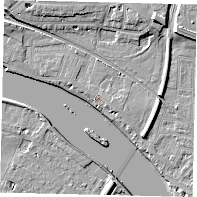 Shaded relief map of the ground around W43PP, computed from Environment Agency LiDAR. The ground here sits at about 6 m above sea level and falls 13 m across the surrounding 800 m. Surface water reaching this point runs off ground lying to the east-south-east, 2.0 m higher.