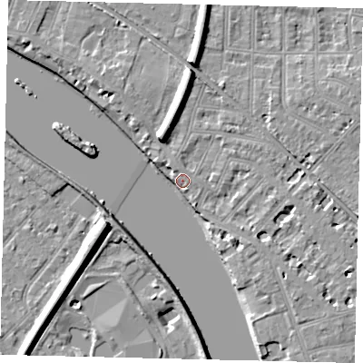 Shaded relief map of the ground around W43PQ, computed from Environment Agency LiDAR. The ground here sits at about 6 m above sea level and falls 11 m across the surrounding 800 m. Surface water reaching this point runs off ground lying to the north-east, 3.9 m higher.