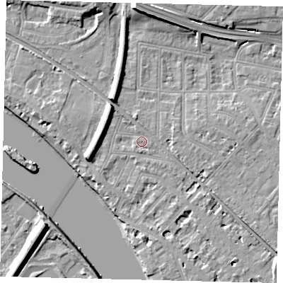 Shaded relief map of the ground around W43PZ, computed from Environment Agency LiDAR. The ground here sits at about 6 m above sea level and falls 12 m across the surrounding 800 m. Surface water reaching this point runs off ground lying to the south-east, 5.7 m higher.