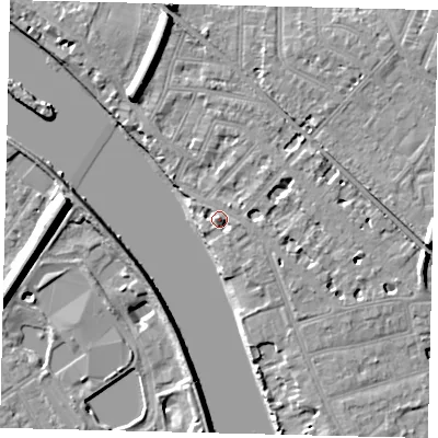 Shaded relief map of the ground around W43QA, computed from Environment Agency LiDAR. The ground here sits at about 7 m above sea level and falls 11 m across the surrounding 800 m. Surface water reaching this point runs off ground lying to the north-north-west, 2.8 m higher.
