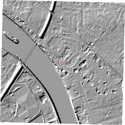 Shaded relief map of the ground around W43QD, computed from Environment Agency LiDAR. The ground here sits at about 5 m above sea level and falls 11 m across the surrounding 800 m. Surface water reaching this point runs off ground lying to the east-south-east, 5.8 m higher.