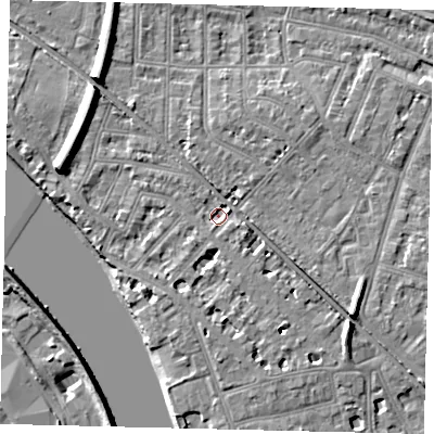 Shaded relief map of the ground around W43QE, computed from Environment Agency LiDAR. The ground here sits at about 5 m above sea level and falls 11 m across the surrounding 800 m. Surface water reaching this point runs off ground lying to the south, 1.6 m higher.