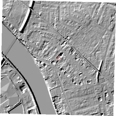 Shaded relief map of the ground around W43QG, computed from Environment Agency LiDAR. The ground here sits at about 5 m above sea level and falls 11 m across the surrounding 800 m. Surface water reaching this point runs off ground lying to the east-south-east, 7.2 m higher.