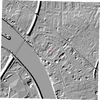 Shaded relief map of the ground around W43QH, computed from Environment Agency LiDAR. The ground here sits at about 5 m above sea level and falls 11 m across the surrounding 800 m. Surface water reaching this point runs off ground lying to the north-west, 7.3 m higher.