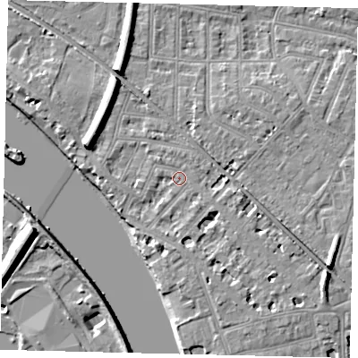 Shaded relief map of the ground around W43QJ, computed from Environment Agency LiDAR. The ground here sits at about 6 m above sea level and falls 11 m across the surrounding 800 m. Surface water reaching this point runs off ground lying to the west-north-west, 7.3 m higher.