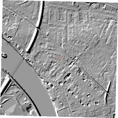 Shaded relief map of the ground around W43QL, computed from Environment Agency LiDAR. The ground here sits at about 6 m above sea level and falls 11 m across the surrounding 800 m. Surface water reaching this point runs off ground lying to the south-east, 0.7 m higher.