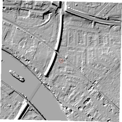 Shaded relief map of the ground around W43QN, computed from Environment Agency LiDAR. The ground here sits at about 5 m above sea level and falls 13 m across the surrounding 800 m. Surface water reaching this point runs off ground lying to the south-east, 2.6 m higher.