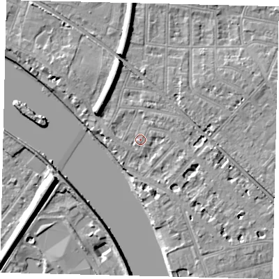 Shaded relief map of the ground around W43QP, computed from Environment Agency LiDAR. The ground here sits at about 5 m above sea level and falls 11 m across the surrounding 800 m. Surface water reaching this point runs off ground lying to the west-south-west, 1.1 m higher.