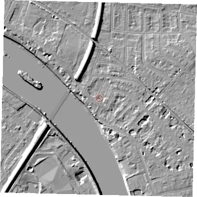 Shaded relief map of the ground around W43QR, computed from Environment Agency LiDAR. The ground here sits at about 5 m above sea level and falls 11 m across the surrounding 800 m. Surface water reaching this point runs off ground lying to the west-north-west, 1.2 m higher.