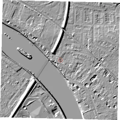 Shaded relief map of the ground around W43QS, computed from Environment Agency LiDAR. The ground here sits at about 6 m above sea level and falls 11 m across the surrounding 800 m. Surface water reaching this point runs off ground lying to the west, 1.3 m higher.
