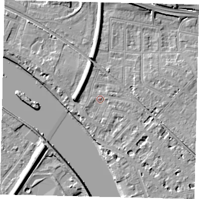 Shaded relief map of the ground around W43QT, computed from Environment Agency LiDAR. The ground here sits at about 5 m above sea level and falls 10 m across the surrounding 800 m. Surface water reaching this point runs off ground lying to the west, 6.4 m higher.