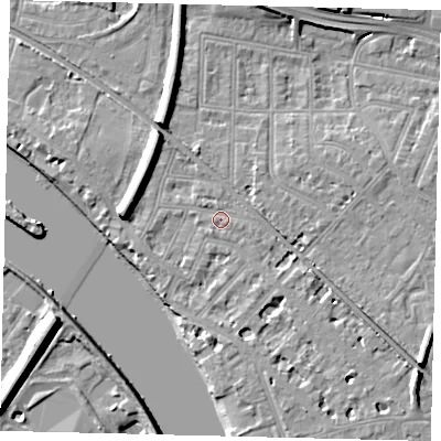 Shaded relief map of the ground around W43QU, computed from Environment Agency LiDAR. The ground here sits at about 6 m above sea level and falls 10 m across the surrounding 800 m. Surface water reaching this point runs off ground lying to the south-east, 0.6 m higher.