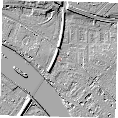 Shaded relief map of the ground around W43QW, computed from Environment Agency LiDAR. The ground here sits at about 5 m above sea level and falls 13 m across the surrounding 800 m. Surface water reaching this point runs off ground lying to the south-west, 6.4 m higher.