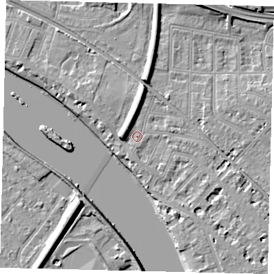 Shaded relief map of the ground around W43QY, computed from Environment Agency LiDAR. The ground here sits at about 5 m above sea level and falls 10 m across the surrounding 800 m. Surface water reaching this point runs off ground lying to the west, 6.4 m higher.