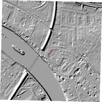 Shaded relief map of the ground around W43QZ, computed from Environment Agency LiDAR. The ground here sits at about 5 m above sea level and falls 11 m across the surrounding 800 m. Surface water reaching this point runs off ground lying to the south-west, 1.4 m higher.