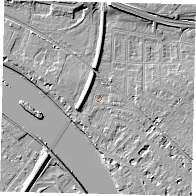 Shaded relief map of the ground around W43RB, computed from Environment Agency LiDAR. The ground here sits at about 5 m above sea level and falls 12 m across the surrounding 800 m. Surface water reaching this point runs off ground lying to the west-south-west, 6.4 m higher.