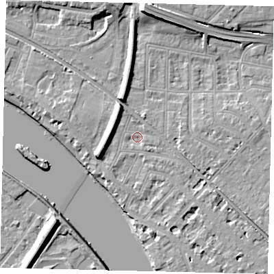 Shaded relief map of the ground around W43RD, computed from Environment Agency LiDAR. The ground here sits at about 5 m above sea level and falls 12 m across the surrounding 800 m. Surface water reaching this point runs off ground lying to the west-south-west, 6.4 m higher.