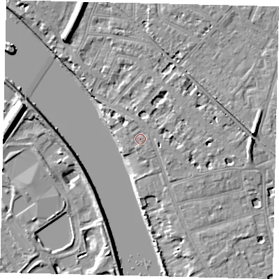 Shaded relief map of the ground around W43RG, computed from Environment Agency LiDAR. The ground here sits at about 6 m above sea level and falls 11 m across the surrounding 800 m. Surface water reaching this point runs off ground lying to the north-north-west, 0.7 m higher.