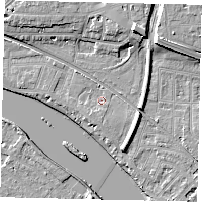 Shaded relief map of the ground around W43RL, computed from Environment Agency LiDAR. The ground here sits at about 5 m above sea level and falls 13 m across the surrounding 800 m. Surface water reaching this point runs off ground lying to the south-west, 2.5 m higher.