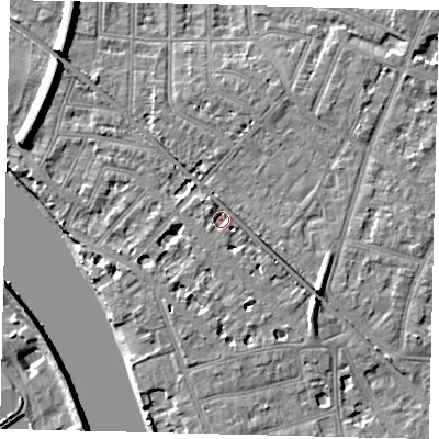 Shaded relief map of the ground around W43RP, computed from Environment Agency LiDAR. The ground here sits at about 5 m above sea level and falls 11 m across the surrounding 800 m. Surface water reaching this point runs off ground lying to the south-east, 6.5 m higher.