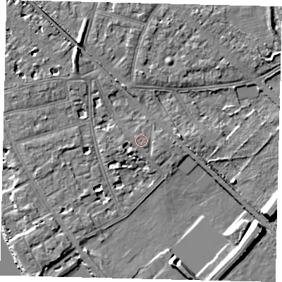 Shaded relief map of the ground around W43SL, computed from Environment Agency LiDAR. The ground here sits at about 5 m above sea level and falls 10 m across the surrounding 800 m. Surface water reaching this point runs off ground lying to the south-east, 8.6 m higher.