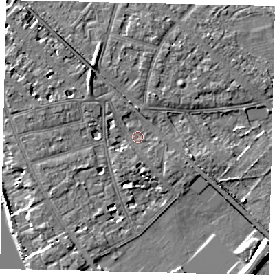 Shaded relief map of the ground around W43SN, computed from Environment Agency LiDAR. The ground here sits at about 5 m above sea level and falls 10 m across the surrounding 800 m. Surface water reaching this point runs off ground lying to the north-north-west, 6.9 m higher.
