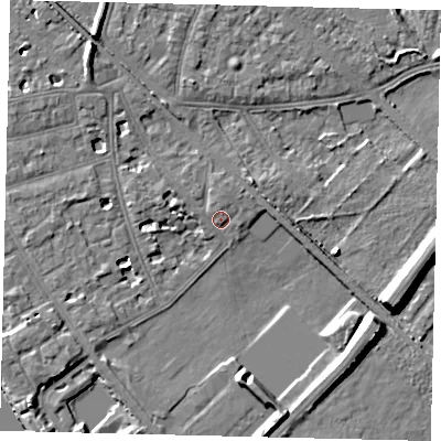 Shaded relief map of the ground around W43SP, computed from Environment Agency LiDAR. The ground here sits at about 5 m above sea level and falls 10 m across the surrounding 800 m. Surface water reaching this point runs off ground lying to the south-east, 8.6 m higher.