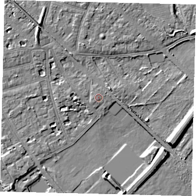 Shaded relief map of the ground around W43SR, computed from Environment Agency LiDAR. The ground here sits at about 6 m above sea level and falls 10 m across the surrounding 800 m. Surface water reaching this point runs off ground lying to the north-north-west, 0.5 m higher.