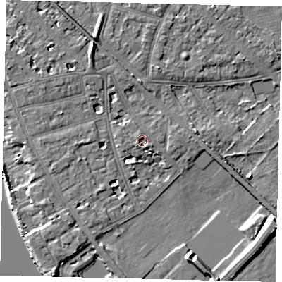 Shaded relief map of the ground around W43SS, computed from Environment Agency LiDAR. The ground here sits at about 5 m above sea level and falls 10 m across the surrounding 800 m. Surface water reaching this point runs off ground lying to the east-south-east, 8.5 m higher.