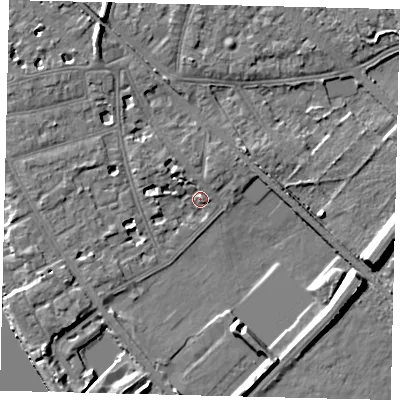 Shaded relief map of the ground around W43ST, computed from Environment Agency LiDAR. The ground here sits at about 5 m above sea level and falls 10 m across the surrounding 800 m. Surface water reaching this point runs off ground lying to the east-south-east, 8.6 m higher.