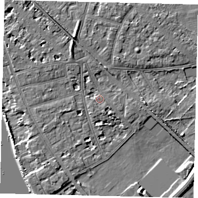 Shaded relief map of the ground around W43SX, computed from Environment Agency LiDAR. The ground here sits at about 5 m above sea level and falls 10 m across the surrounding 800 m. Surface water reaching this point runs off ground lying to the south, 2.0 m higher.